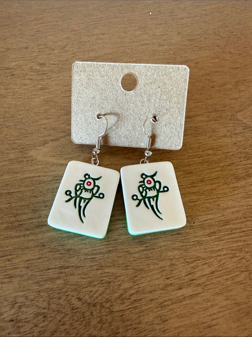 Handcrafted Mahjong Bird Bam Dangle Earrings
